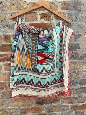 BCBG Multicolor Ikat Pattern Scarf with Coral Tassels
